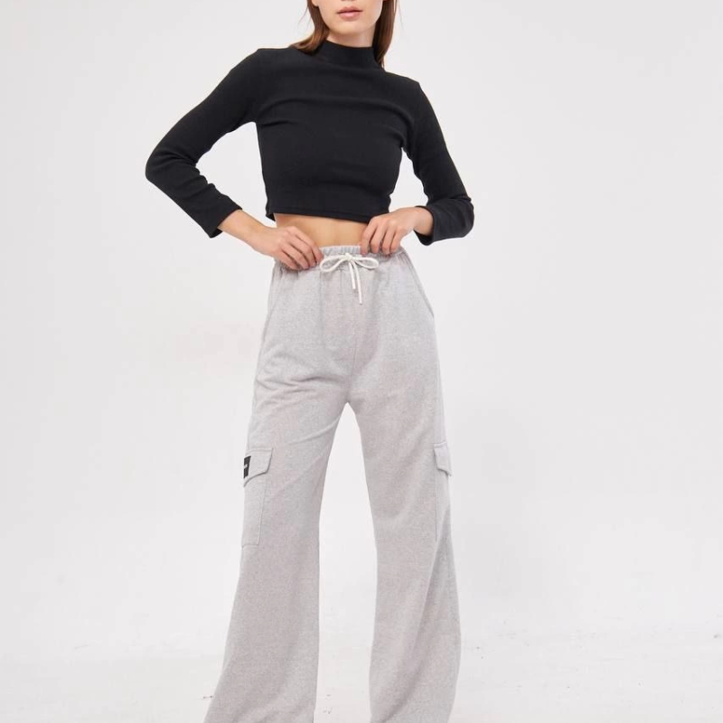 Kadın Yüksek Bel Kargo Cepli Palazzo Pantolon Oversize Bol Paça - Gri