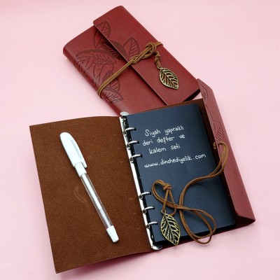 Kahverengi Deri Siyah Yapraklı Defter Ve Beyaz Jel Kalem Seti