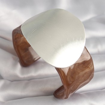 Kahverengi Mermer Desen Akrilik Plastik Gümüş Plaka Model Vintage Kadın Bilezik