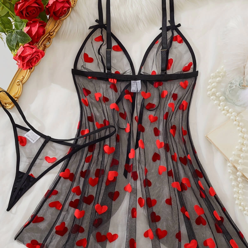 Kalp Desenli Siyah Transparan Tül Gecelik TM1378