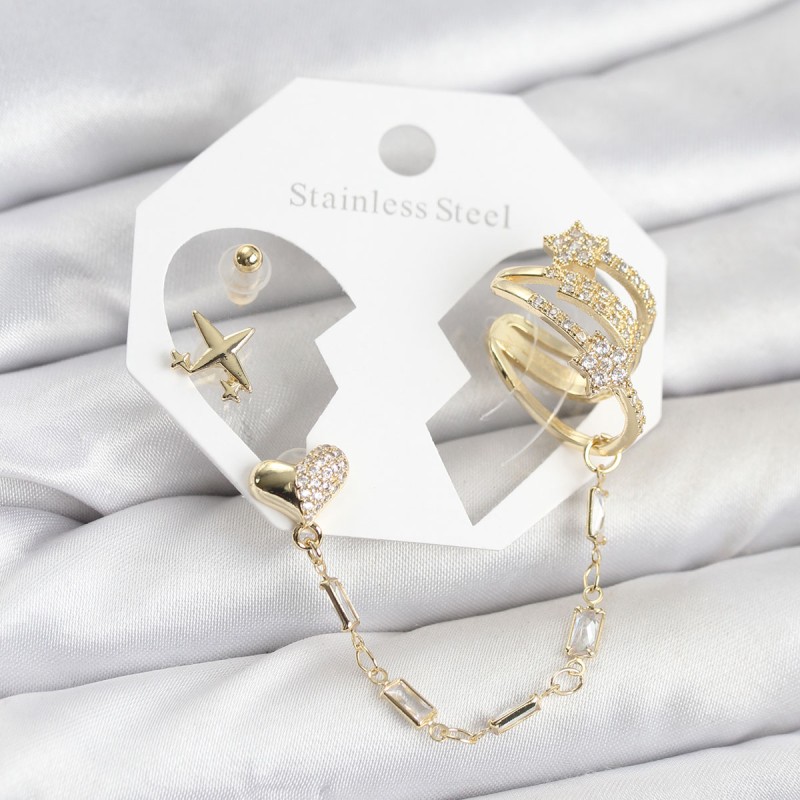 Kalp Yıldız Model Pirinç Gold Renk Zincir Bağlantılı Ear Cuff Küpe Seti