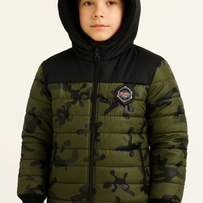 Kamuflaj Desenli Mont İçi Sıcak Tutan Pelüş Astarlı, Kapüşonlu, Fermuarlı Kışlık Su İtici Şişme Mont - Haki