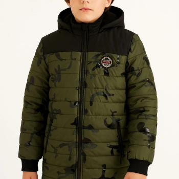 Kamuflaj Desenli Mont İçi Sıcak Tutan Pelüş Astarlı, Kapüşonlu, Fermuarlı Kışlık Su İtici Şişme Mont - Haki