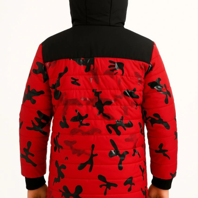 Kamuflaj Desenli Mont İçi Sıcak Tutan Pelüş Astarlı, Kapüşonlu, Fermuarlı Kışlık Su İtici Şişme Mont - Kırmızı
