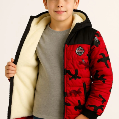 Kamuflaj Desenli Mont İçi Sıcak Tutan Pelüş Astarlı, Kapüşonlu, Fermuarlı Kışlık Su İtici Şişme Mont - Kırmızı