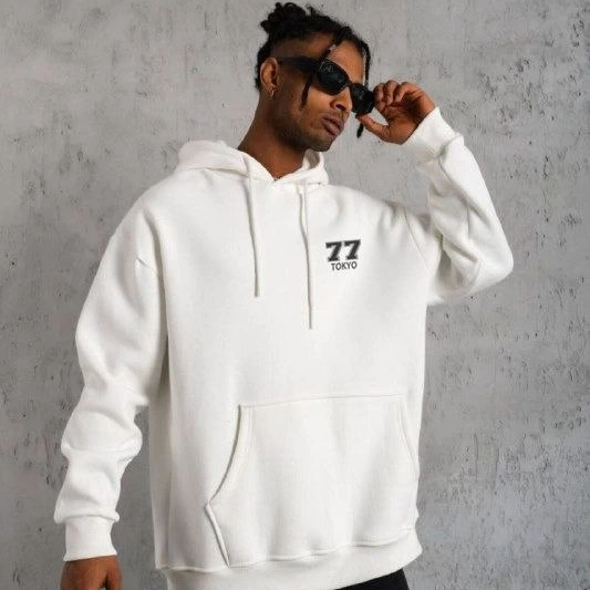 Kapşonlu Baskılı Sweetshirt - Beyaz -