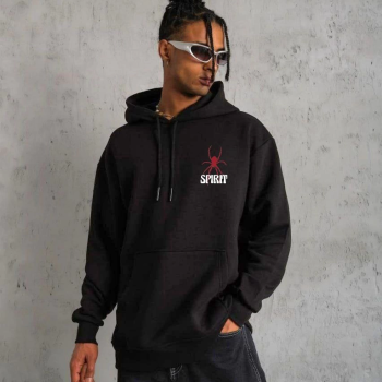 Kapşonlu Baskılı Sweetshirt - Siyah -