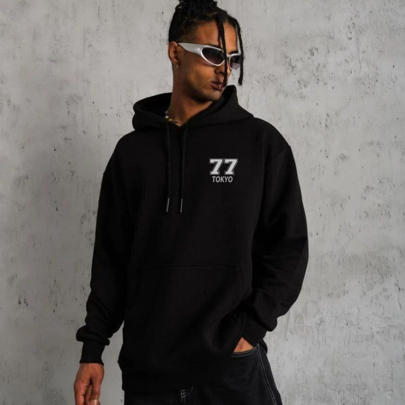 Kapşonlu Baskılı Sweetshirt - Siyah -