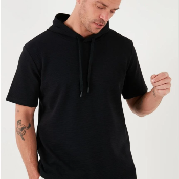 Kapşonlu Kısa Kol Düz Oversize T-shirt - Siyah -