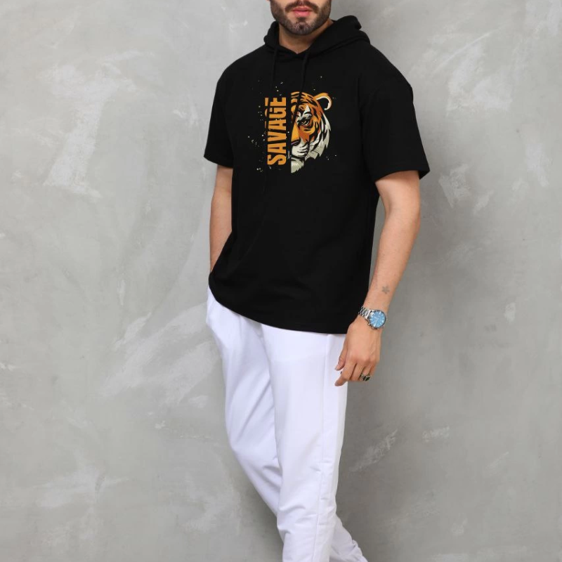 Kapşonlu Kısa Kol Oversize Baskılı T-Shirt - Siyah -