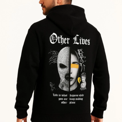 Kapşonlu Sweatshirt “Other Lives” Ön  Arka Baskılı - Siyah -