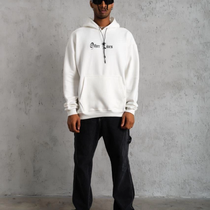 Kapşonlu Sweatshirt – Oversize “Other Lives” Ön  Arka Baskılı,- Beyaz -