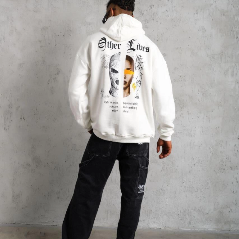 Kapşonlu Sweatshirt – Oversize “Other Lives” Ön  Arka Baskılı,- Beyaz -