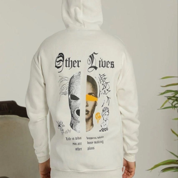 Kapşonlu Sweatshirt – Oversize “Other Lives” Ön  Arka Baskılı,- Beyaz -