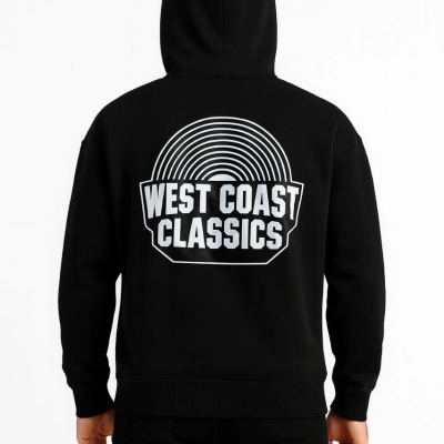 Kapşonlu Sweatshirt – “West Coast Classics” Ön  Arka Baskılı,- Siyah -