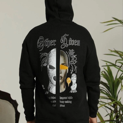 Kapşonlu Sweatshirt“Other Lives” Ön  Arka Baskılı Siyah -