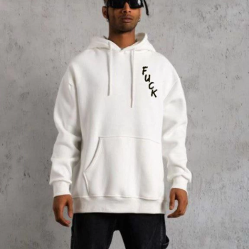 Kapşonlu Uzun Kol Baskılı Sweetshirt - Beyaz -