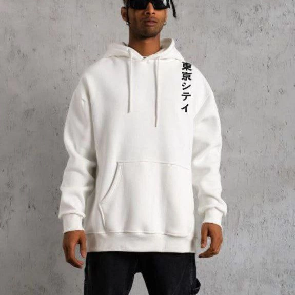 Kapşonlu Uzun Kol Baskılı Sweetshirt - Beyaz -