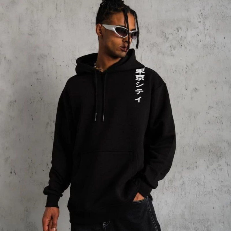 Kapşonlu Uzun Kol Baskılı Sweetshirt - Siyah -