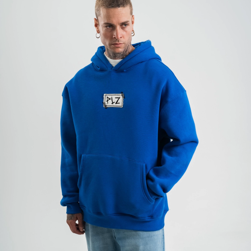 Kapşonlu Uzun Kol Patchli Nakışlı SweatShirt - Mavi -