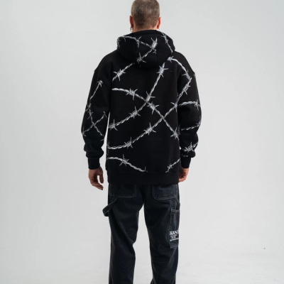 Kapşonlu Varak ve Pano Baskılı SweatShirt- Siyah -