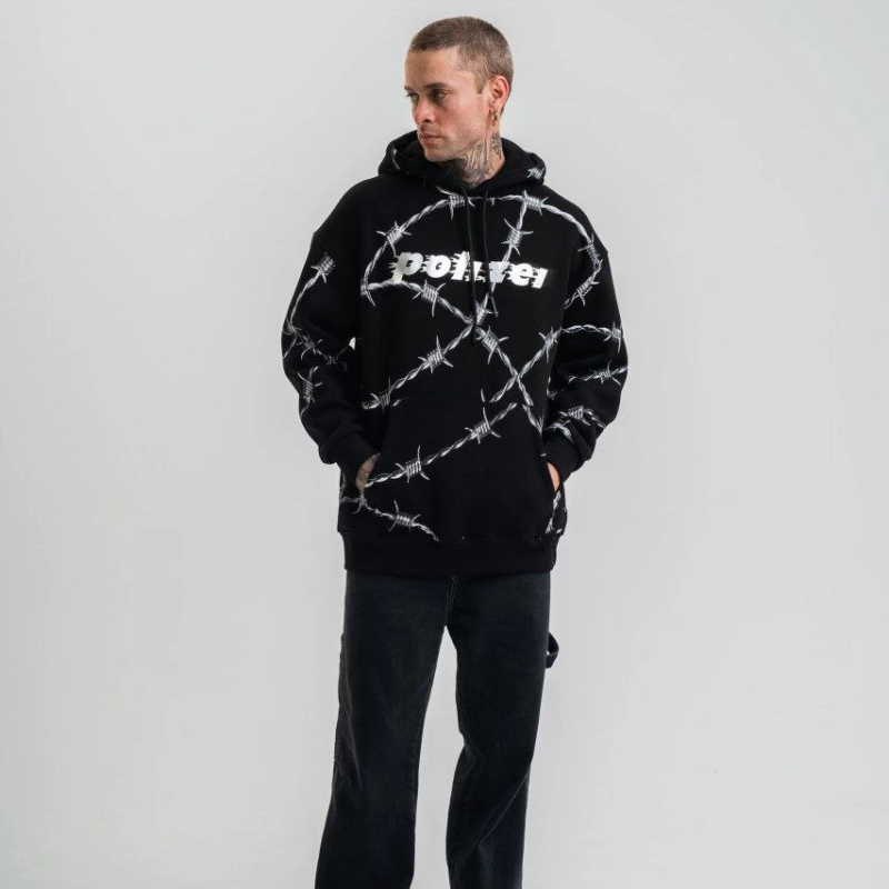 Kapşonlu Varak ve Pano Baskılı SweatShirt- Siyah -