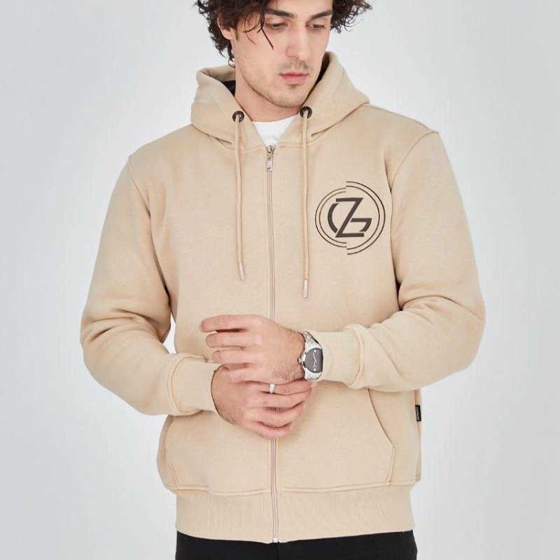 Kapüşonlu Baskılı Fermuarlı Hırka - Bej -