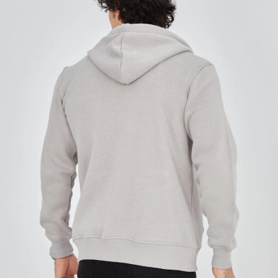 Kapüşonlu Baskılı Fermuarlı Hırka - Boyalı Gri