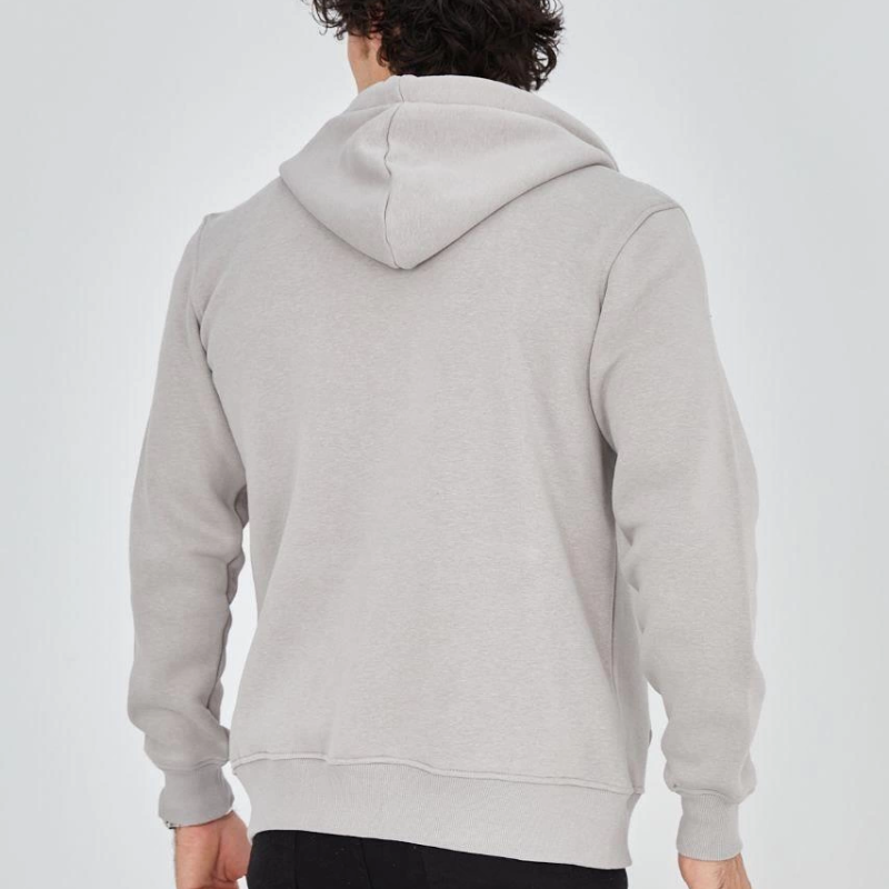 Kapüşonlu Baskılı Fermuarlı Hırka - Boyalı Gri