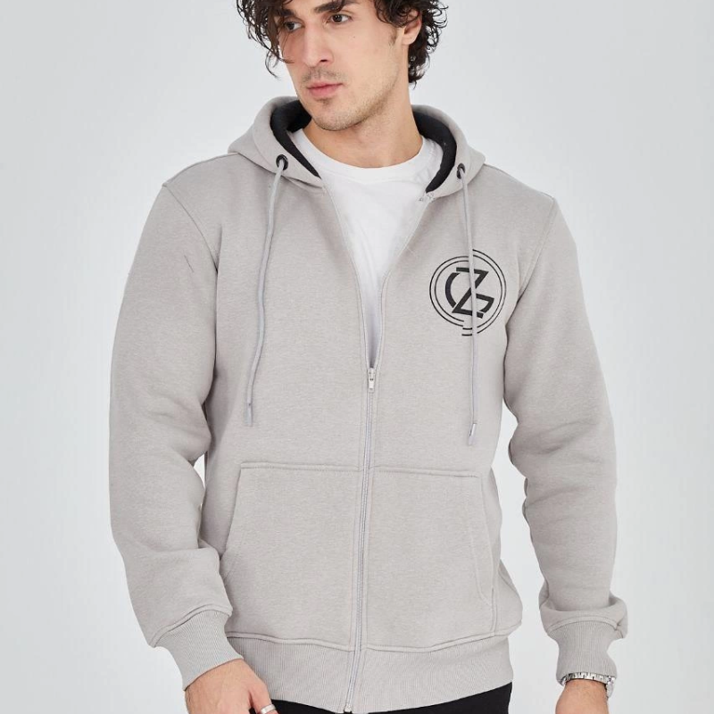 Kapüşonlu Baskılı Fermuarlı Hırka - Boyalı Gri