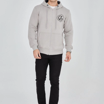 Kapüşonlu Baskılı Fermuarlı Hırka - Boyalı Gri