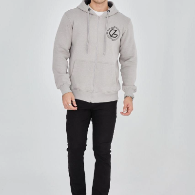 Kapüşonlu Baskılı Fermuarlı Hırka - Boyalı Gri