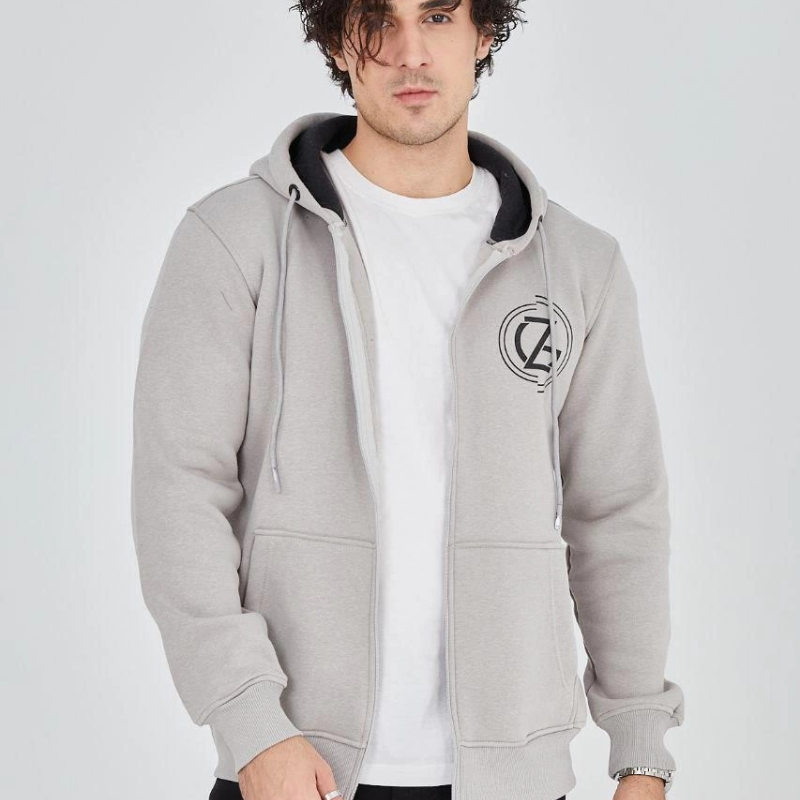 Kapüşonlu Baskılı Fermuarlı Hırka - Boyalı Gri