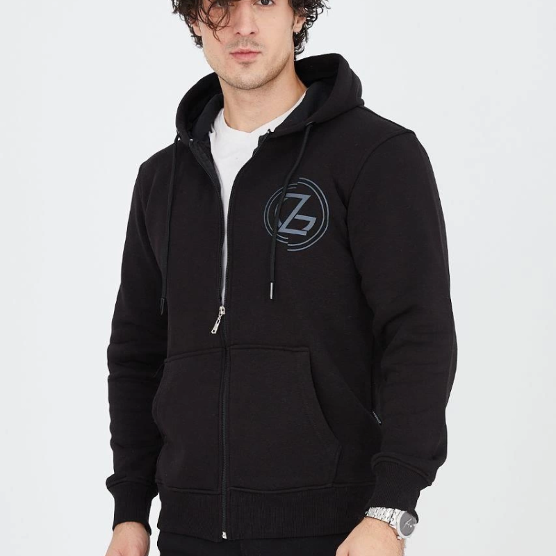 Kapüşonlu Baskılı Fermuarlı Hırka - Siyah -