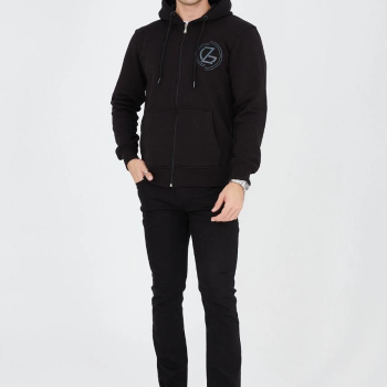 Kapüşonlu Baskılı Fermuarlı Hırka - Siyah -