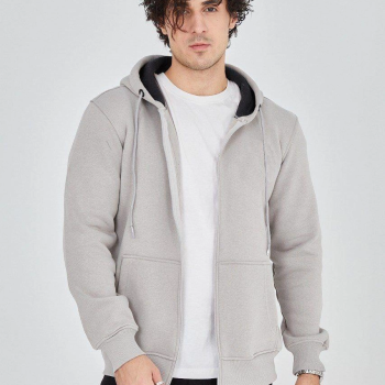 Kapüşonlu Düz Fermuarlı Hırka - Boyalı Gri