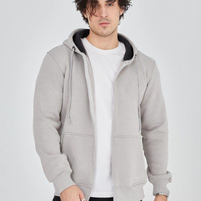 Kapüşonlu Düz Fermuarlı Hırka - Boyalı Gri