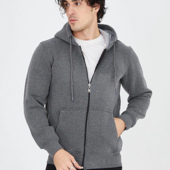 Kapüşonlu Düz Fermuarlı Hırka - Füme