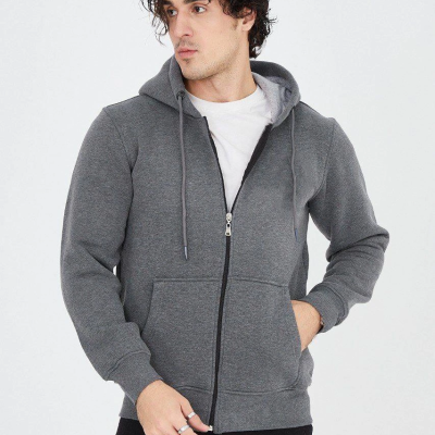 Kapüşonlu Düz Fermuarlı Hırka - Füme