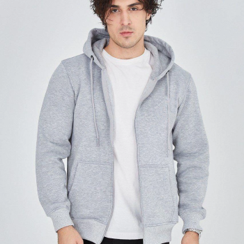 Kapüşonlu Düz Fermuarlı Hırka - Gri