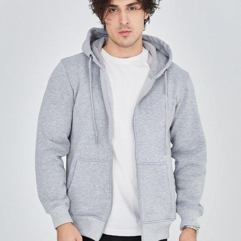 Kapüşonlu Düz Fermuarlı Hırka - Gri