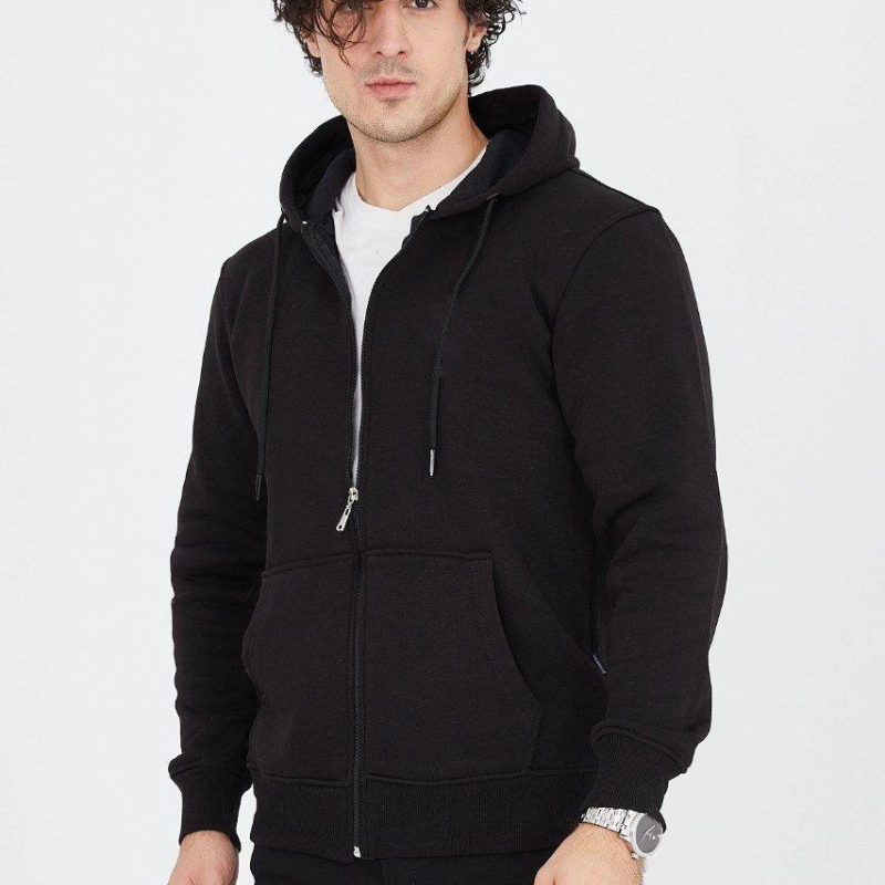 Kapüşonlu Düz Fermuarlı Hırka - Siyah -