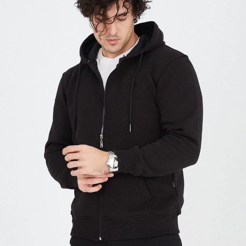 Kapüşonlu Düz Fermuarlı Hırka - Siyah -