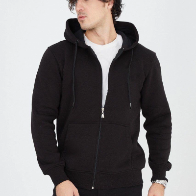 Kapüşonlu Düz Fermuarlı Hırka - Siyah -