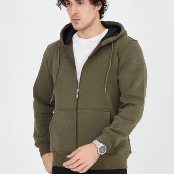 Kapüşonlu Düz Fermuarlı Hırka - Yeşil