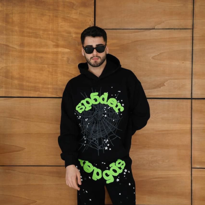 Kapüşonlu Eşofman Takım Örümcek Ağı ve Neon Yeşil Baskılı Kanguru cepli Oversize Rahat Kalıp, Premium Üç İplik Kumaş - Siyah -