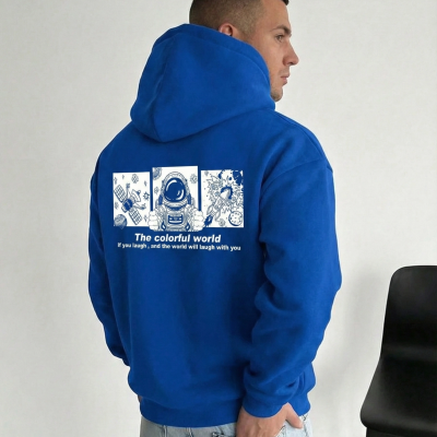 Kapüşonlu Oversize Hoodie – Üç İplik Pamuklu, Astronot Temalı Renkli Dünya Baskılı, Kanguru Cepli Premium Sweatshirt - Saks Mavi