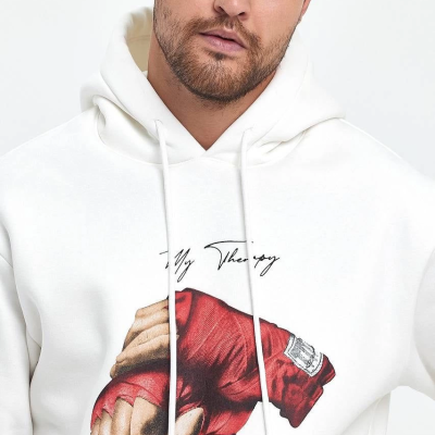 Kapüşonlu Üç İplik Oversize Baskılı Sweatshirt - Beyaz -