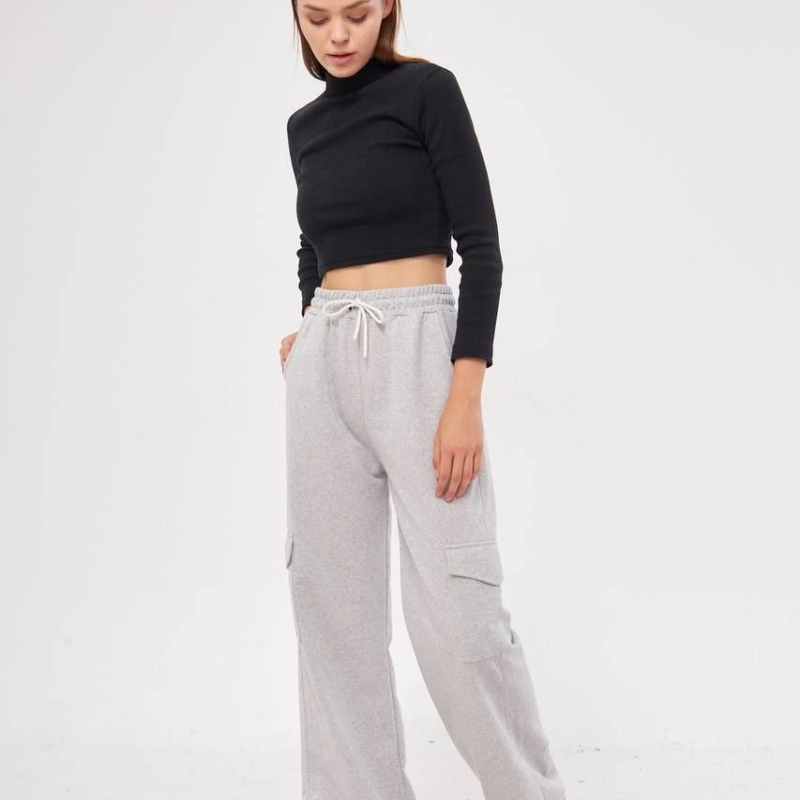 Kargo Cepli Palazzo Oversize Kesim İki iplik Bol Paça Eşofman Altı Pantolon - Gri