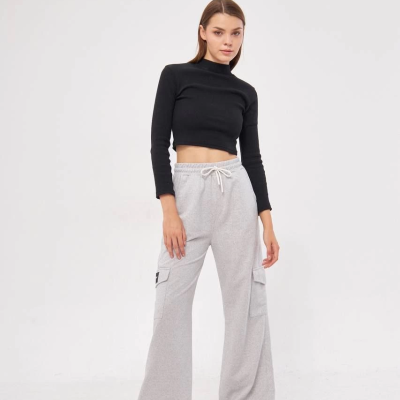 Kargo Cepli Palazzo Oversize Kesim İki iplik Bol Paça Eşofman Altı Pantolon - Gri